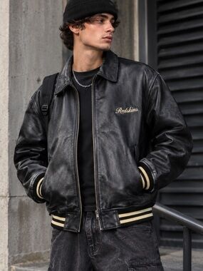 Vintage Redskins Garment Genuine Leather Bomber Jacket XXL Black 90s Y2K